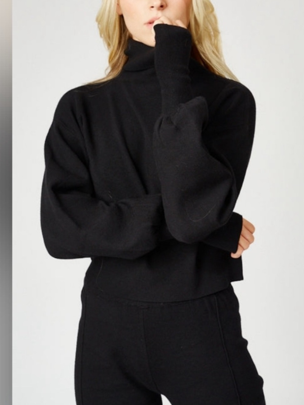 Silk & Salt Black Turtleneck Balloon Sleeve Cropped Women's Sweater Sz M